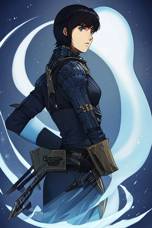 Motoko Kusanagi from "Ghost In The Shell (1995)", clad in medieval stell plate armour, alone, blue eyes, perfect, beautiful, black hair, in the style of 90-s anime, androgynous, melancholic