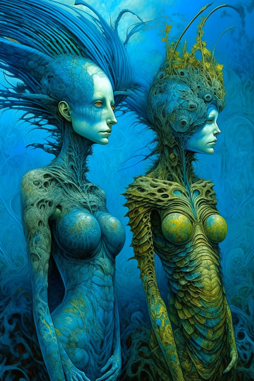 A beautiful two girls with a colorful peacock hair , full body’s , front view . decayed and rotting with grotesque proportions and imagery. grotesqueries, detailed texture, surreal horror, biomechanical design, by hr giger and beksinski , on blue color