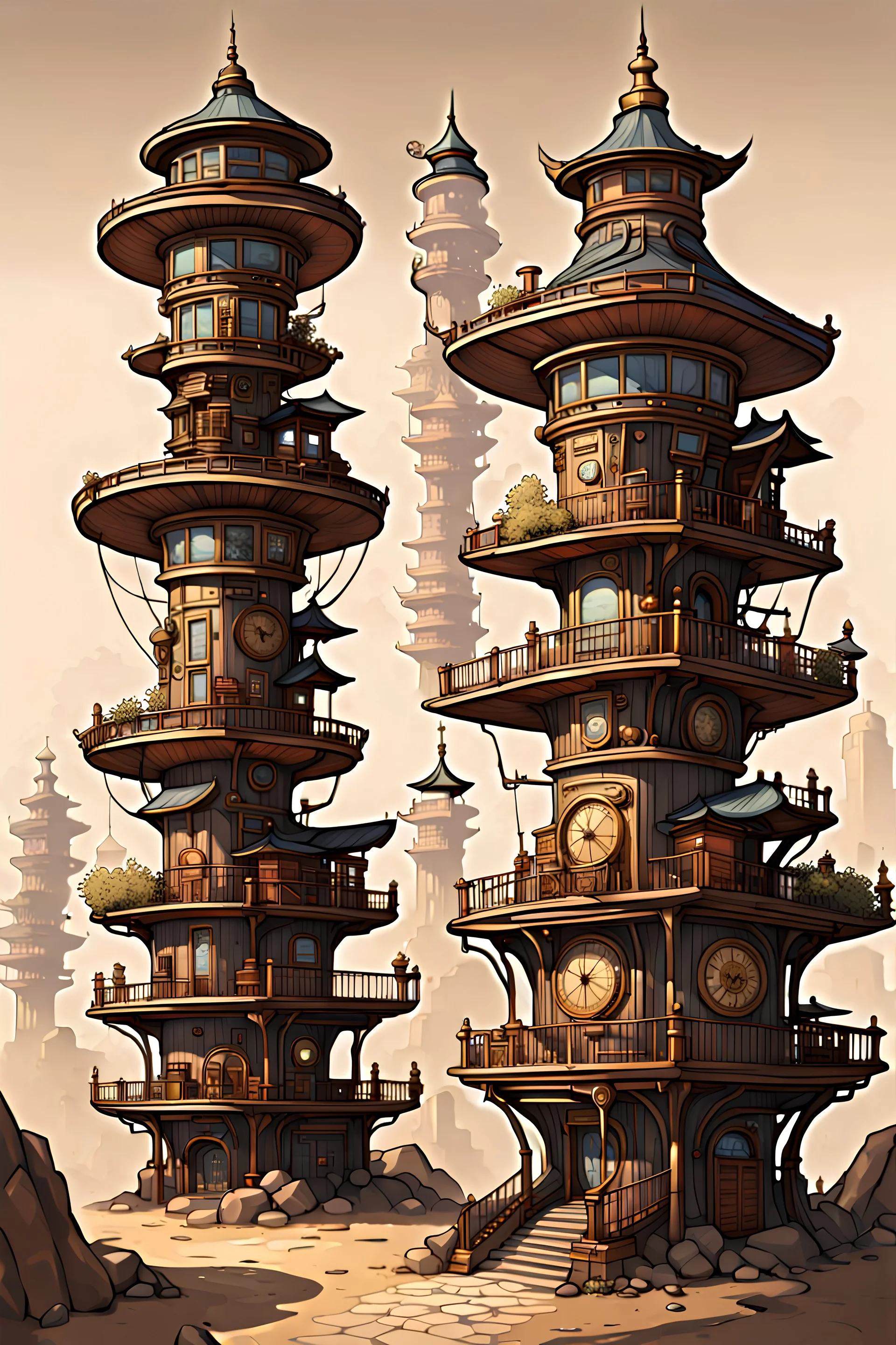 한옥집들이 빽빽하게 들어선 스팀펑크 스타일의 타워. 동양의 환상, 오리엔탈리즘, 한국의 오방색