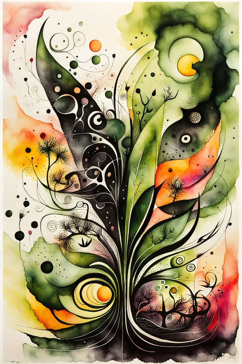 an abstract ink wash and watercolor lithographic print illustration of her subconscious yearning to be as free as the wind , neo surrealism, biomorphism, abstract expressionism , striking, atmospheric, dreamlike, mystical, enigmatic, in the style of Joan Miro and Roberto Matta, in soft, vibrant plant based organic colors, boldly inked, hyper detailed , highly detailed feminine facial features, 4k