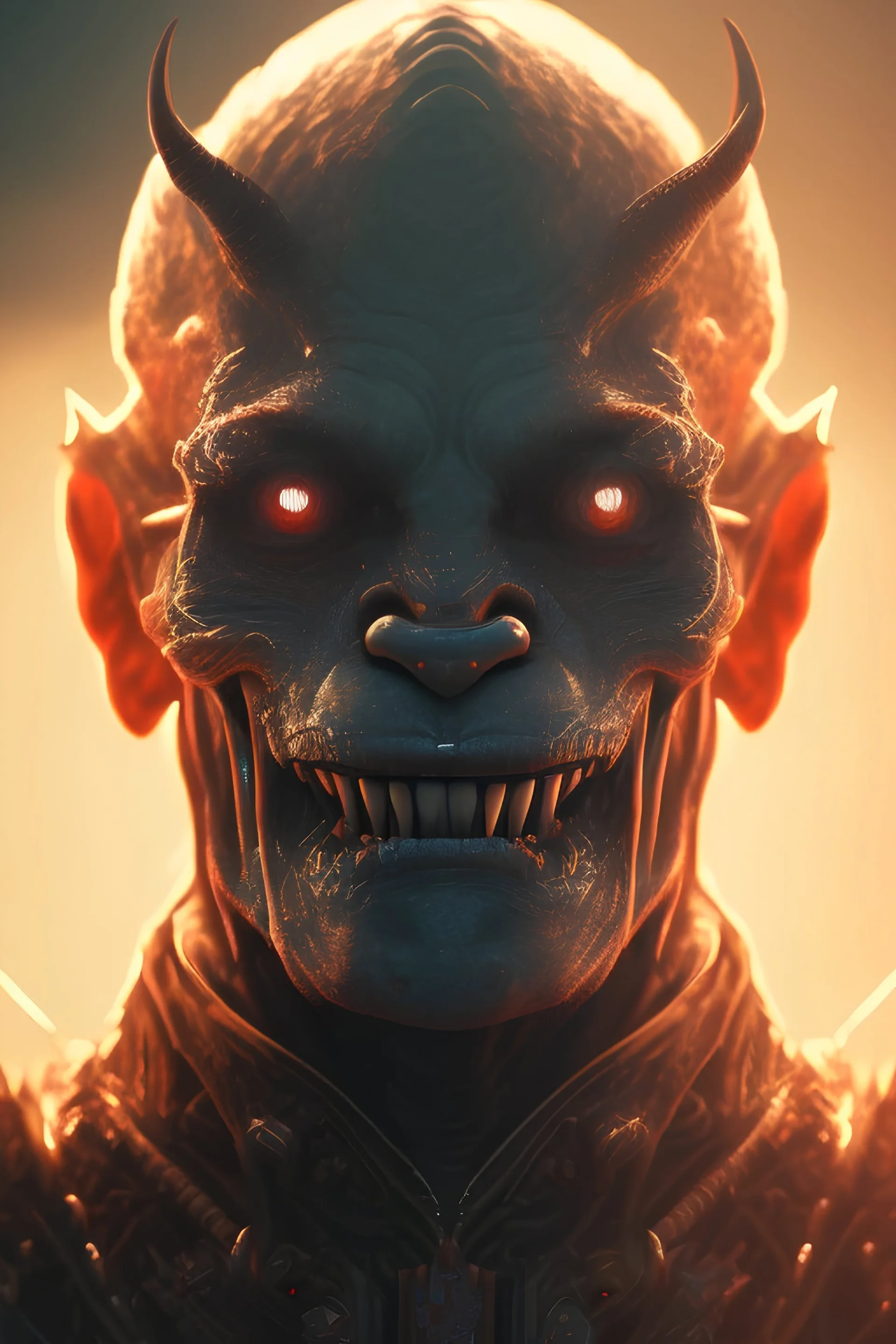 evil ork, devil, brutal face, tron, head, glow eyes, 8k, finely detailed, dark light, photo realistic, cyberpunk