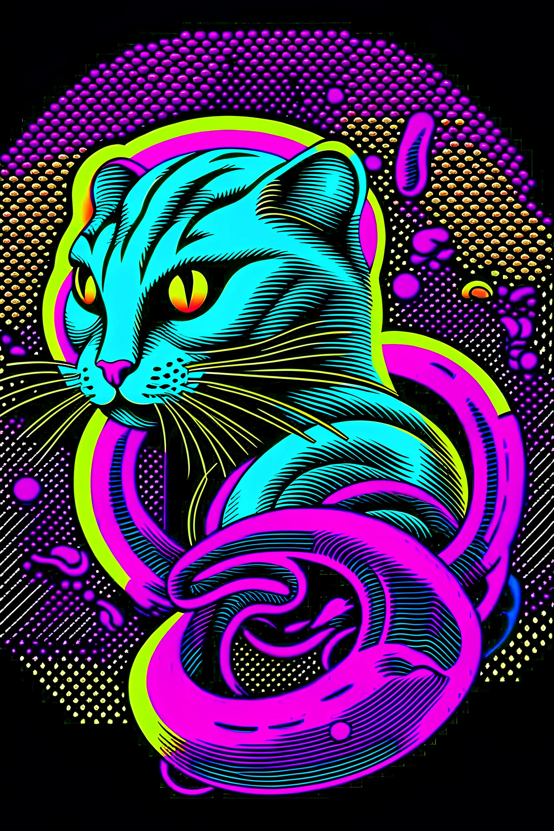 /imagine prompt: snake or cat::2 Pop art, retro vector art, semiotics, vibrant colors, magical realism, synthwave:: t-shirt vector, center composition graphic design, plain background::2 mockup::-2 --upbeta --ar 1:1