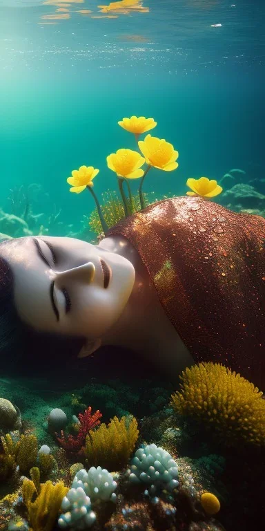 Fenasi Kerim underwater with yellow flowers for hair, closed eyes, rtx, reflection, 8k, glow, winning photography, caustics