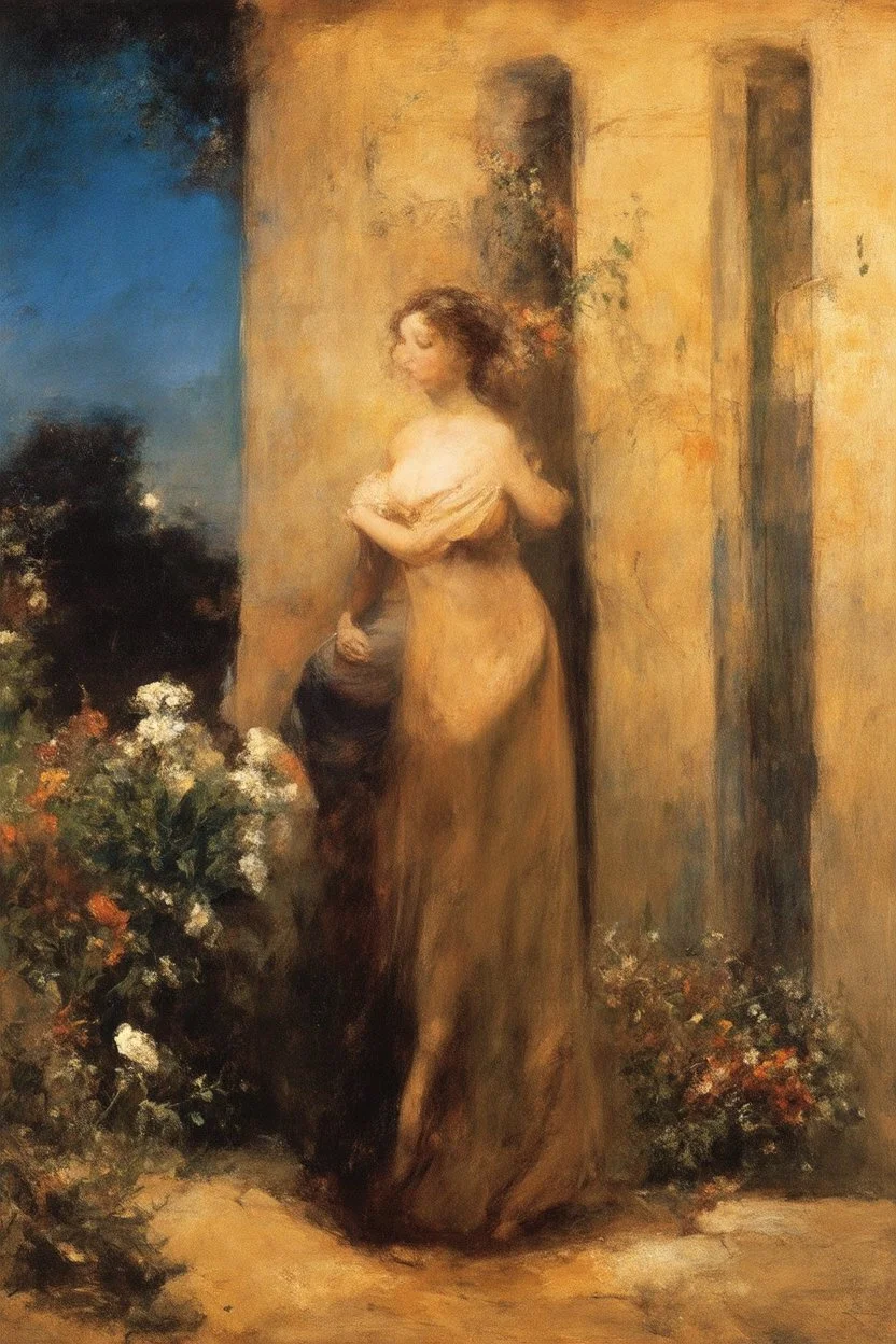 Night, one woman, house, dirt, flowers, vegetations, arnold bocklin, and henry fuseli paintings