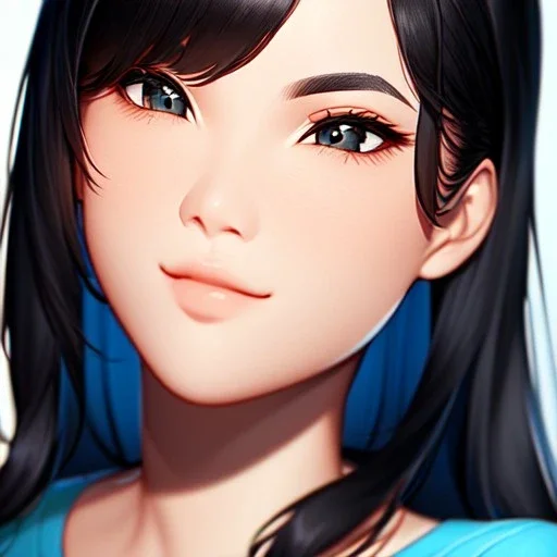 black haired woman, casual clotting, realistic, HD4k, watery cloud background, close up shot,