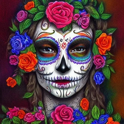 high-quality, fine-detail melted crayon drawing of realistic day of the dead painted face, flowers, artwork, 8k UHD, intricate, detailed, ornate, illustration, brian froud, howard lyon, george grie, ben goossens, anna dittman, jeffrey robert, don marco