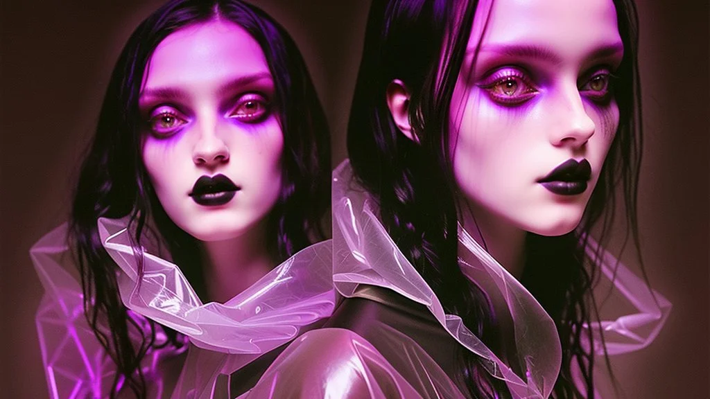 painting by koson ohara and marta bevacqua, portrait of a beautiful goth woman with long black hair, wearing a plastic raincoat, purple neon lighting, 8k, high quality, highly detailed