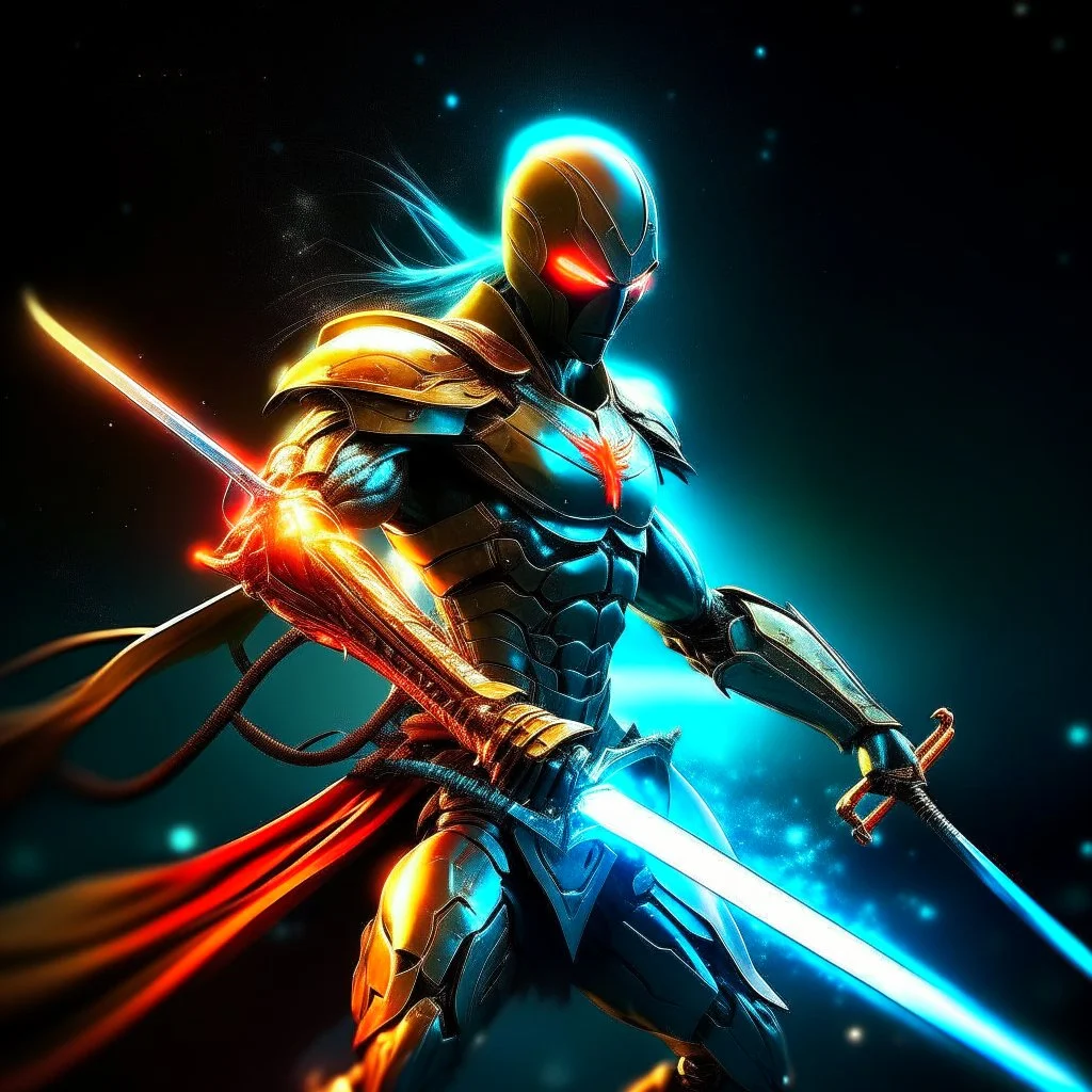 A legendary and wonderful long sword with in hand,A superhero man with infinite power and technology from the galactic race