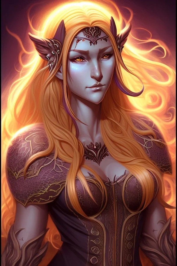 Female eladrin druid that has fire abilities. Long hair that has fire texture. Has a big scar on face after a animal attack.