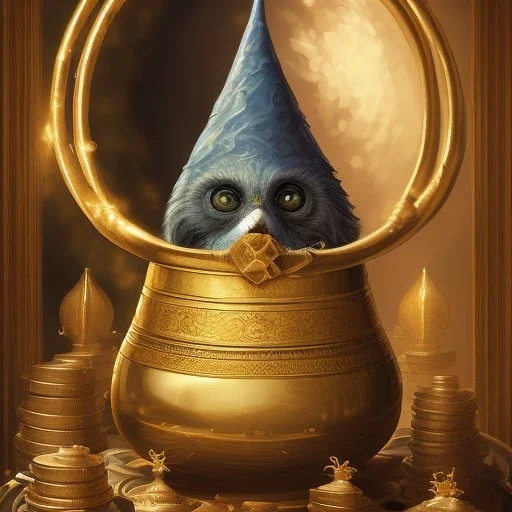 Gold Pot like a witch's pot full of gold coins,extremely detailed digital,painting, extremely detailed ,perfectly centered image, perfect composition, rim light, beautiful lighting,masterpiece,8k, stunning scene, raytracing, anatomically correct,, in the style of studio ghibli,Ohrai Noriyoshi,Ultra detailed