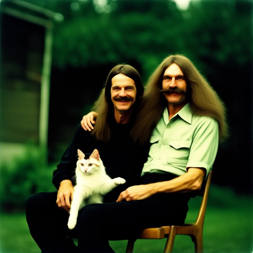 Awkward portrait Photo, old and young sitting on chair, weird smiling, long 1970 hair and mustasch, polaroid camera, holding a cat