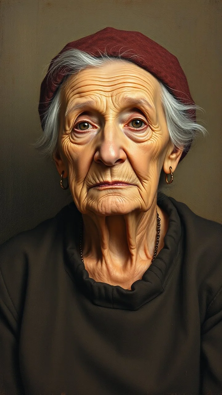 grant wood painting style , a portrait of an old woman light brown colored