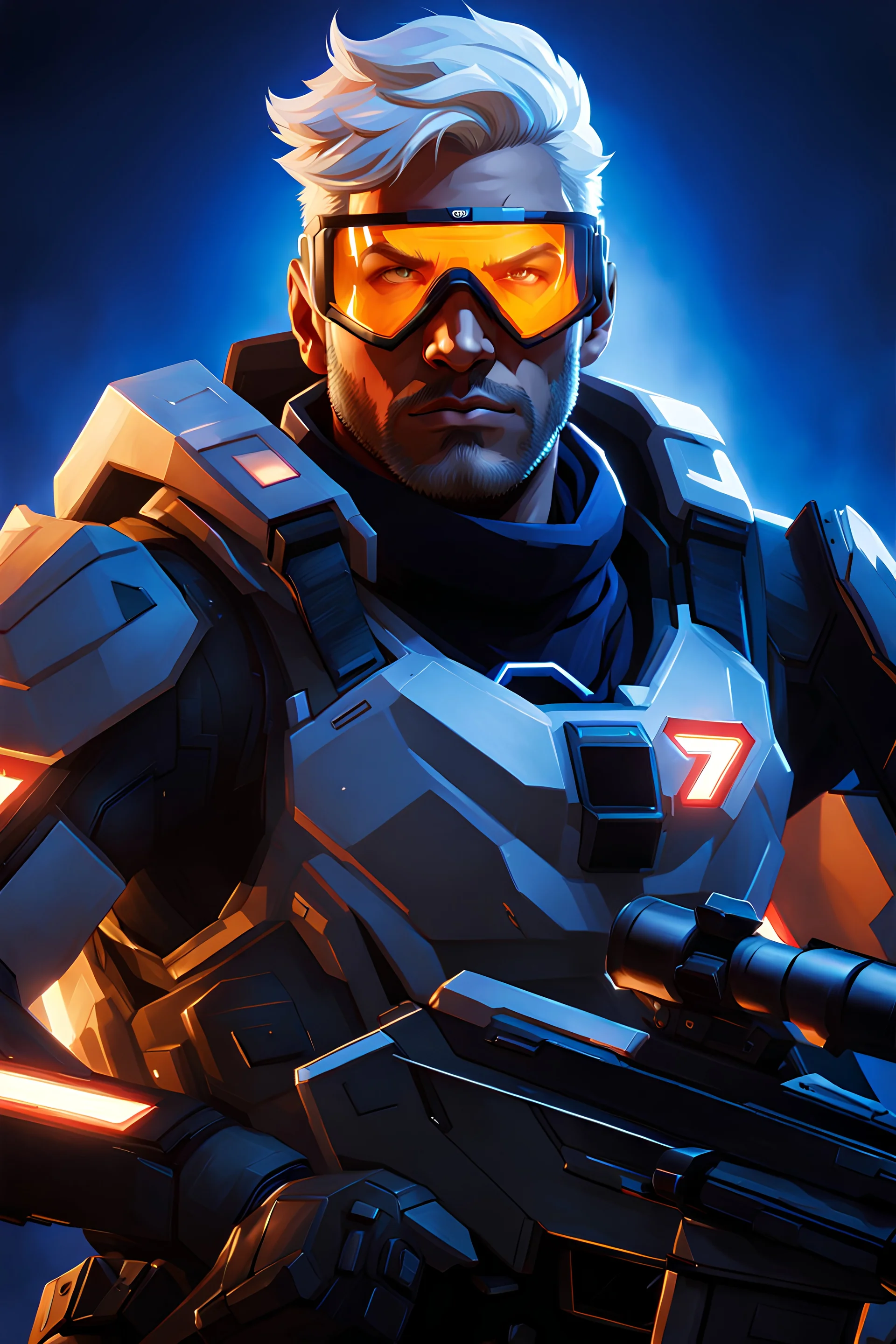 Soldier 76 from Overwatch as an Apex Legends character digital illustration portrait design by, Mark Brooks and Brad Kunkle detailed, gorgeous lighting, wide angle action dynamic portrait