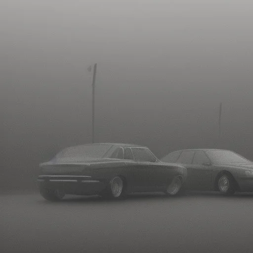 An empty carpark on a misty day. Telegraph poles and wires. Muted tones. Tilted horizon. With blotches, blurry areas and lens noise and grain. Hyper realistic Photo 4k