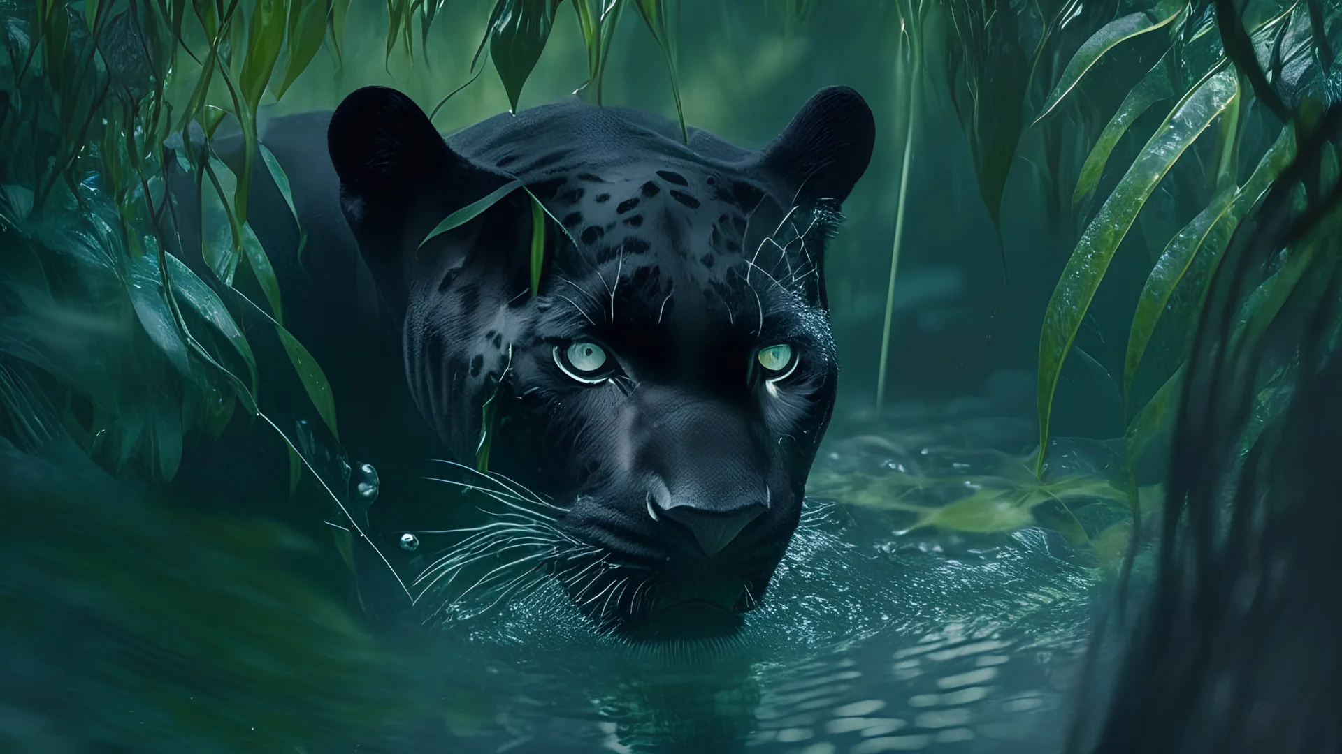 A black panther looking down in water inside a jungle.