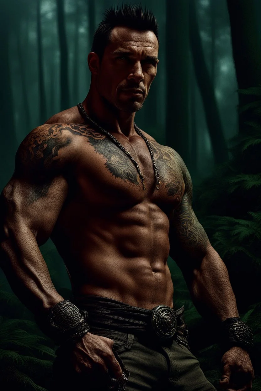 Jason David Frank Very muscular man with short hair and tribal tattoos piercings in forest, realistic face, close-up, dark fantasy, smoke in the sky, intricate details, hyper detailed