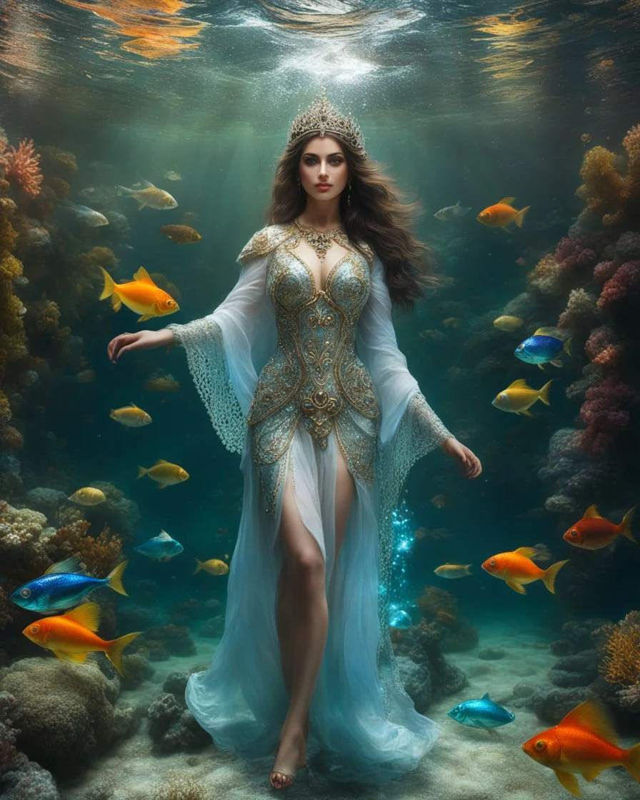 Full body shoot excellent pose gorgeous Beautiful Queen photography art realistic,cinematic colors,soft blur ,natural beauty, of young woman, smiling, beautiful, shiny grey eyes, beauty make up,Queen Persian style, shiny baubles, ornate, large gemstones, shiny molten metalics, shiny wire filigree, brown hair, high definition, Walk in underwater scene teeming with colorful fish nemo, many full fishes swim, and gentle sea turtle