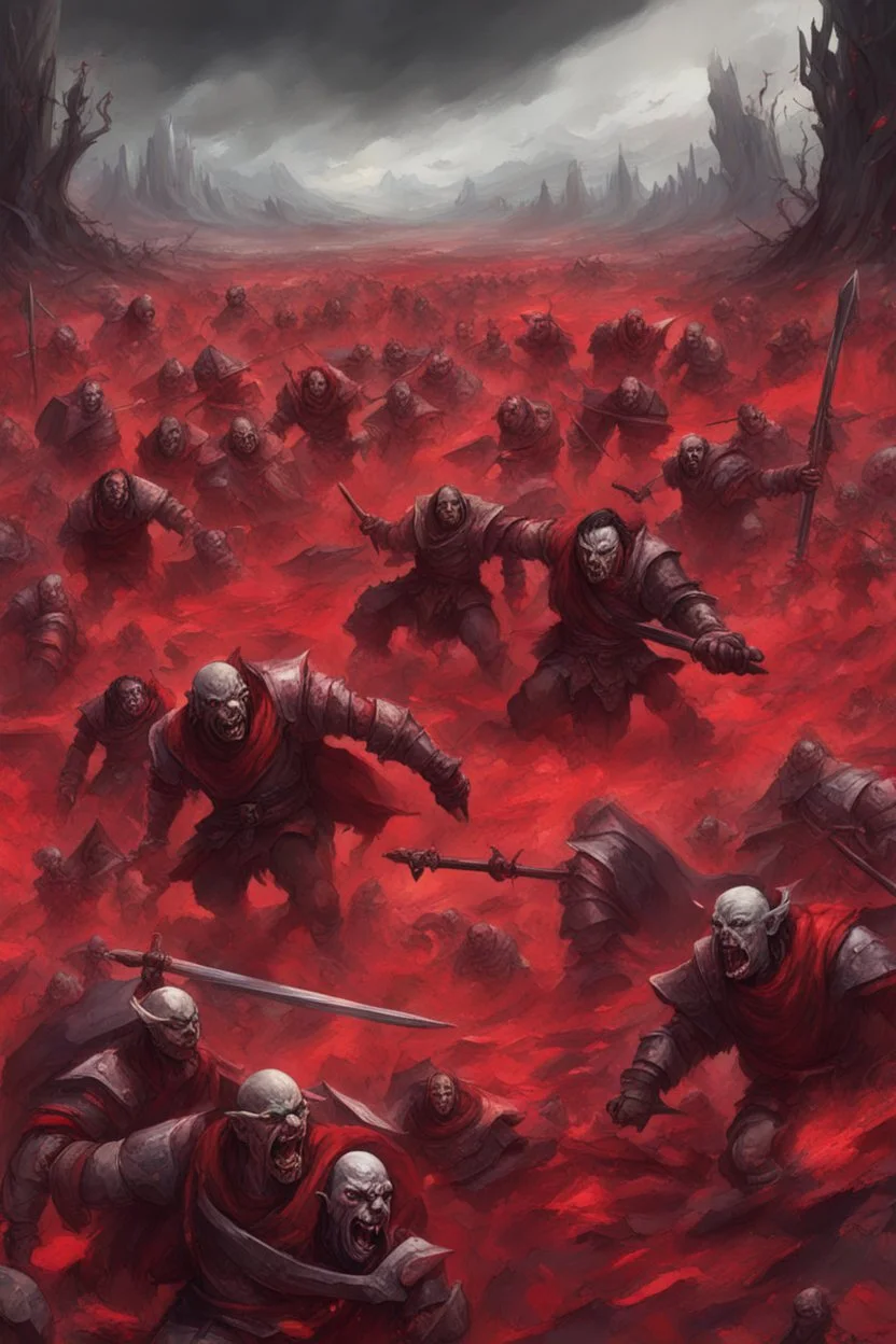 a red battle field with dead orcs