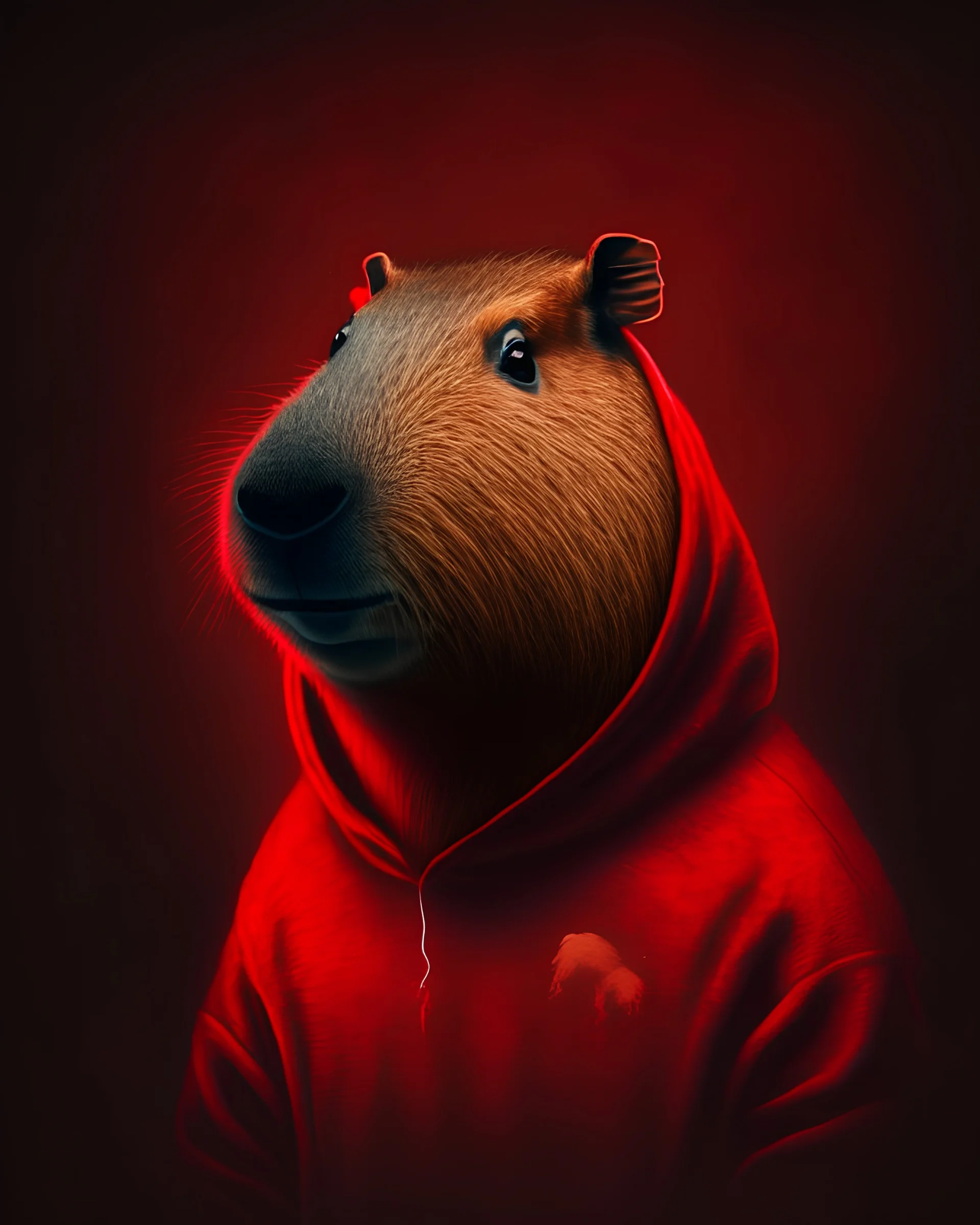 A capybara wearing a red sweatshirt, dark, moody, studio lighting, digital art, red background