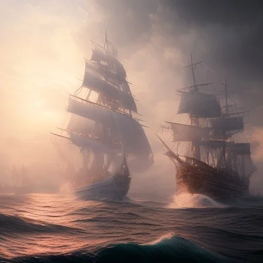 photo of a ultra realistic sailing ship, dramatic light, pale sunrise, cinematic lighting, battered, low angle, trending on artstation, 4k, hyper realistic, focused, extreme details, unreal engine 5, cinematic, masterpiece, art by studio ghibli, intricate artwork by john william turner