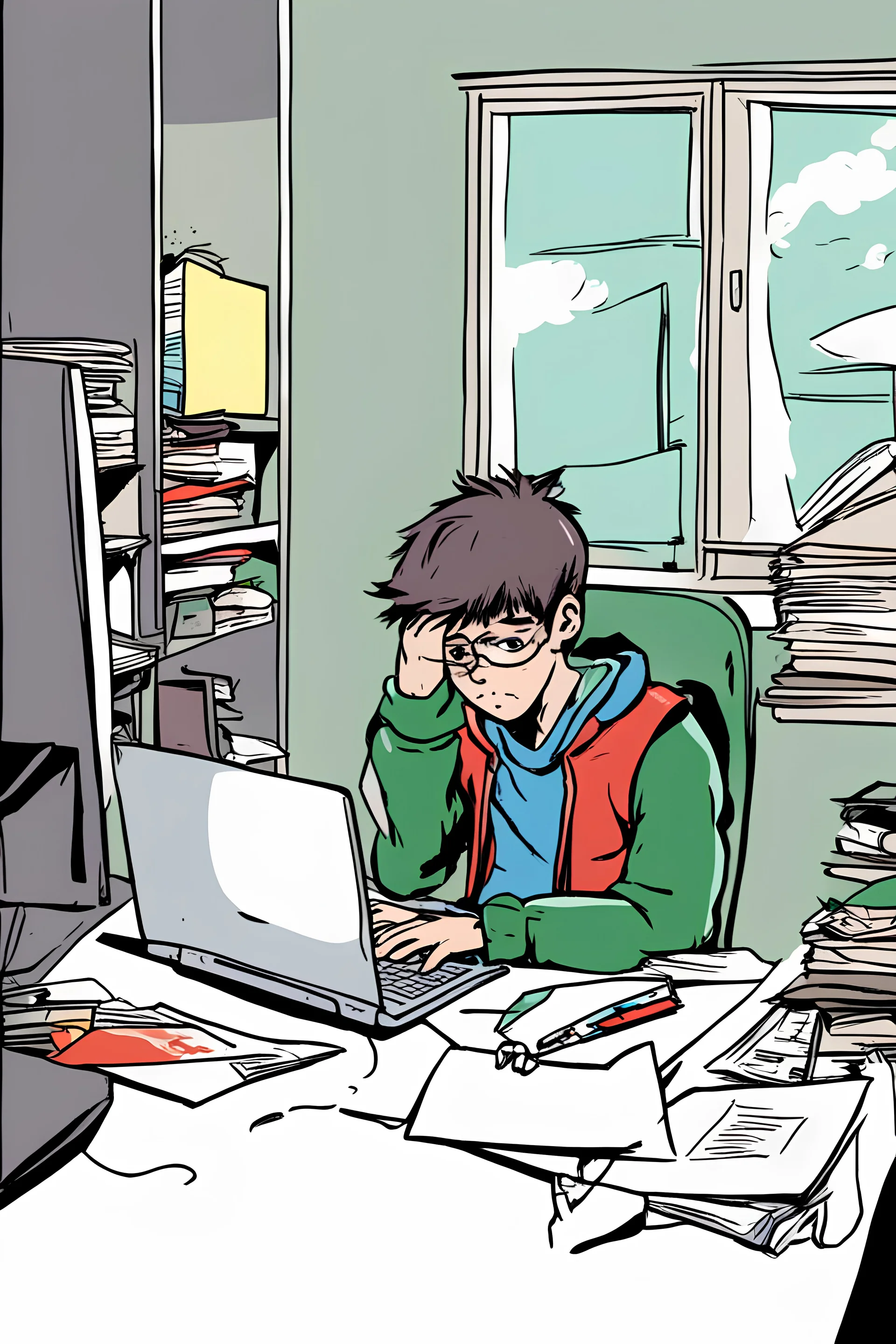 Lonely boy in a pc doing homework very nervous, coloured comic style,