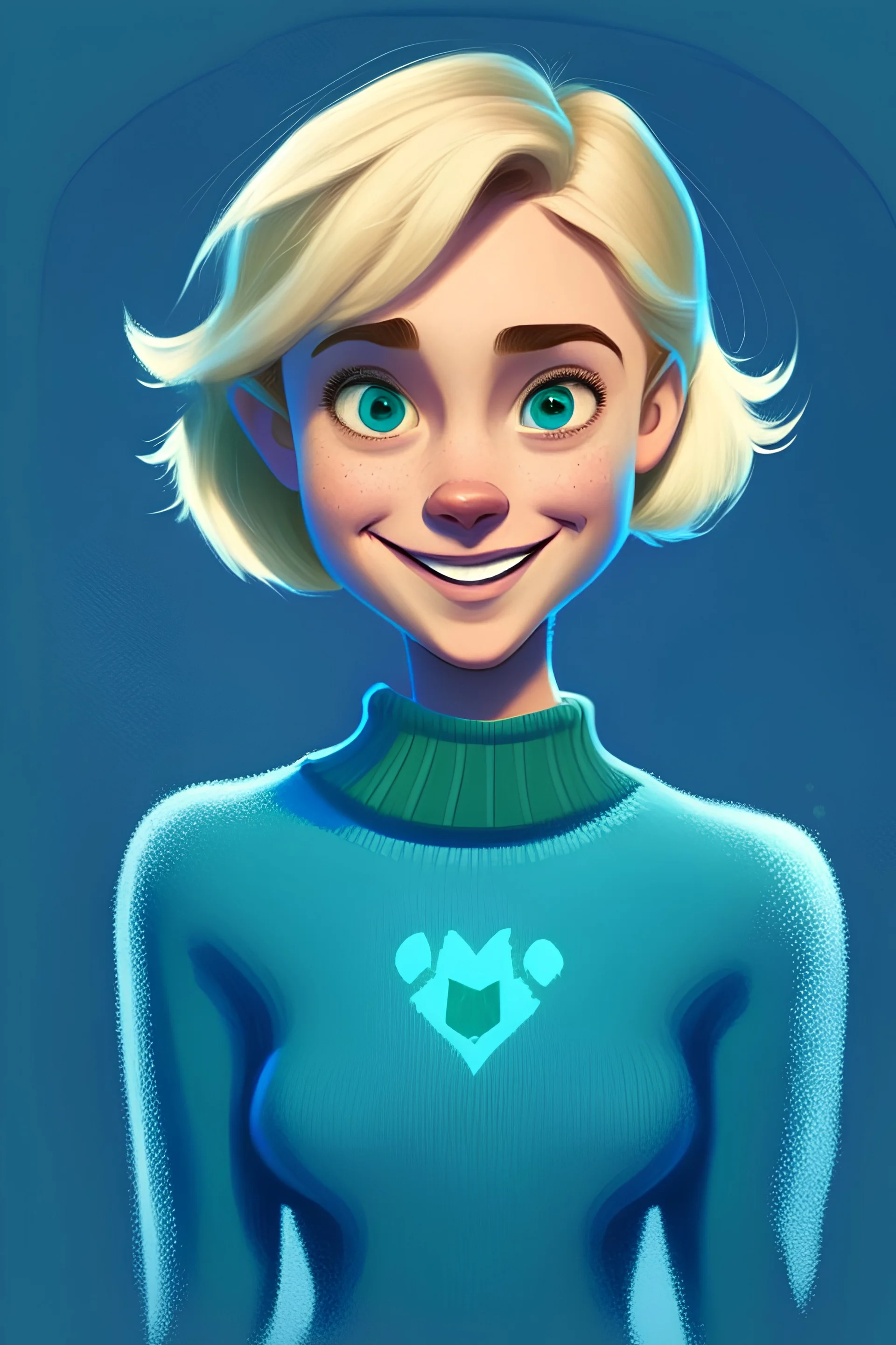 a Disney face girl with a full body image and flooded arms, with short blonde hair, big green eyes, a blue Pullover, dark blue background,, smile on her face, symmetric face
