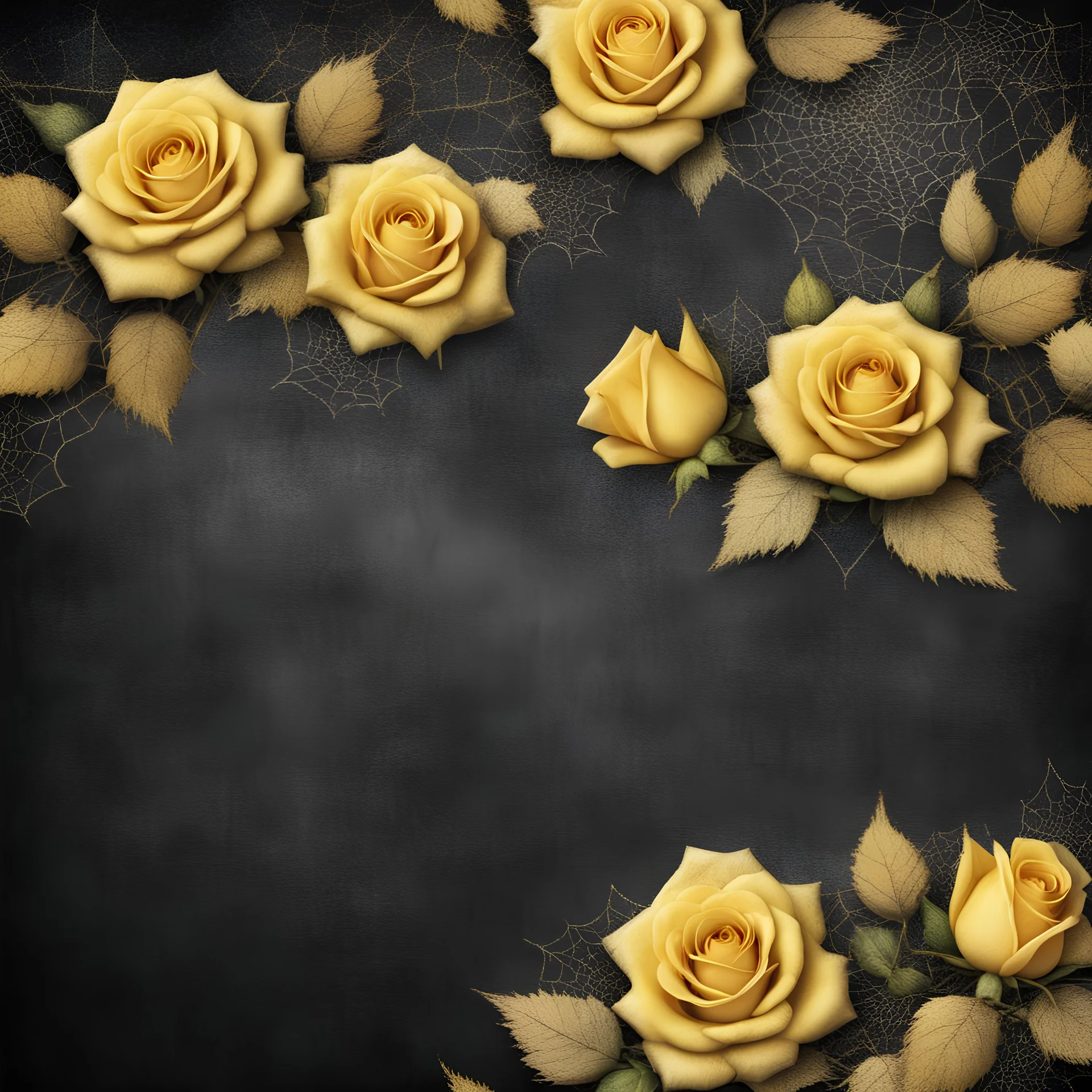 Hyper Realistic grungy multicolored small yellow roses & cobwebs border background with rustic black jeans texture & vignette effect