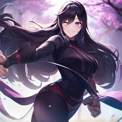 Clear focus,High resolution,High quality, Ninja, Smiling, Eyes closed, Black long hair flowing with the wind, Purple eyes