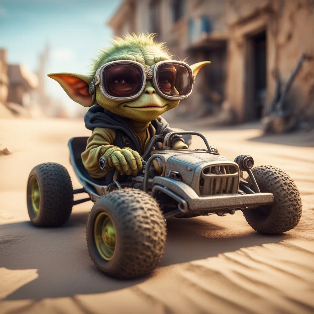 airbrush with pen outline, cool pimp gremlin driving dune buggy against a wall wearing driver gloves, wearing flip down sun glasses, in the style of a fallout 4,bokeh like f/0.8, tilt-shift lens 8k, high detail, smooth render, down-light, unreal engine, prize winning