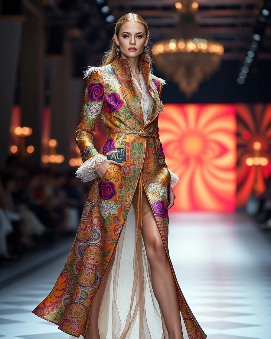 full length image gorgeous realistic professionals photography supermodel fashion magazine European beautiful woman,dressing luxurious clothing lady roaster colorful art conceptual, amazing artwork, hyper detailed, ultra maximalist quality, 8k, in catwalk fashion show luxurious