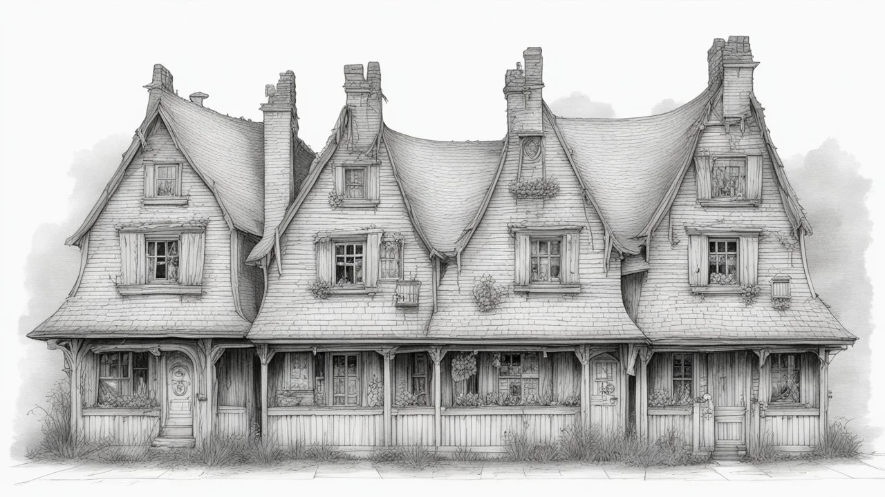 A front elevation fine line drawing of a row of ramshackle fantasy cottages.