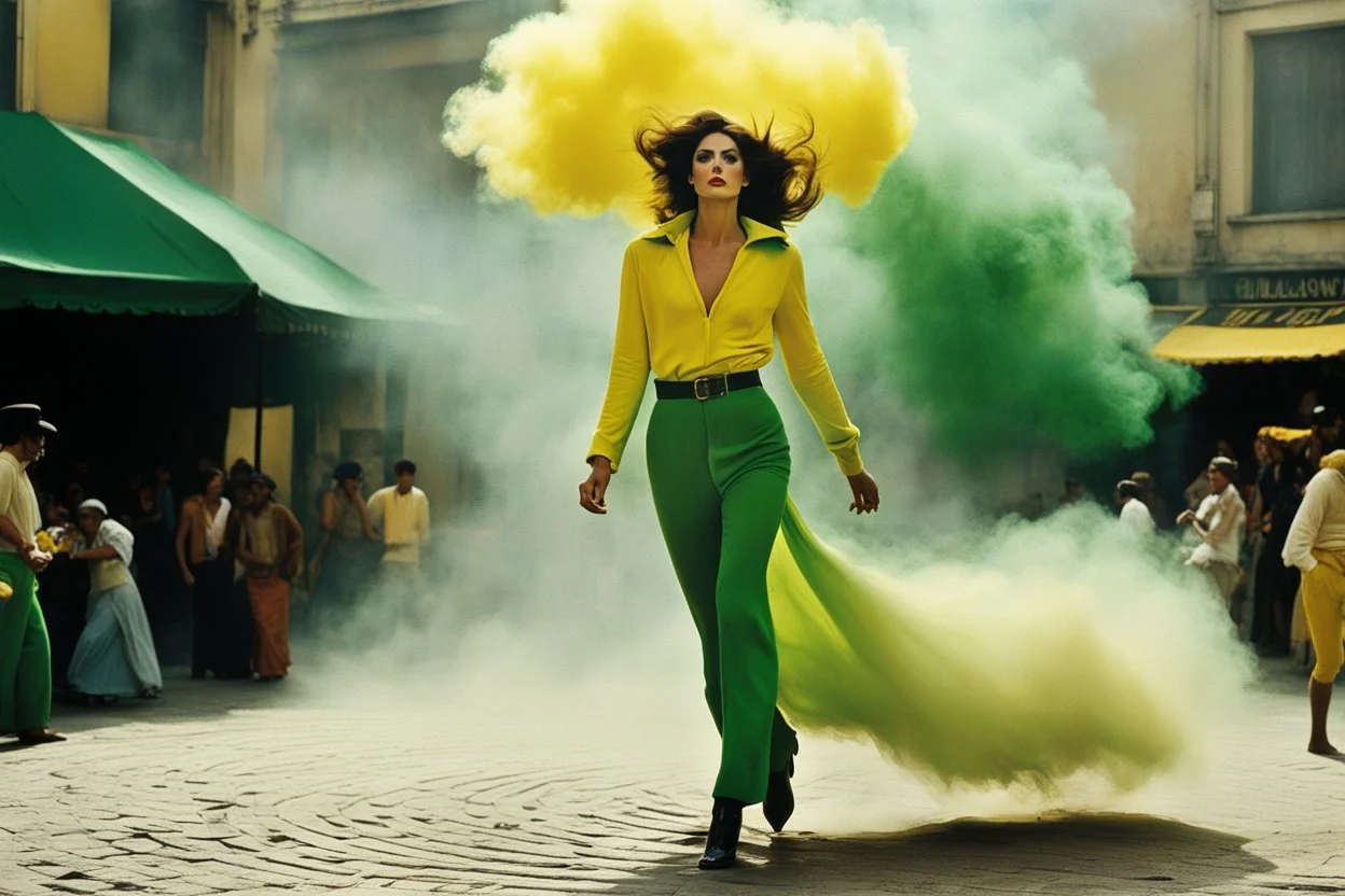 [iconic color photo by Helmut Newton] EMeRGENCE: Her bended figure emerged from the chaos, surrounded by the swirling backdrop of yellow dust and billowing smoke that cloaked the attack in the bustling yellow market plaza. An Italian woman clad in plush green trousers and a worn velvet green pull-over, her back heaving with urgency, navigated the labyrinthine alleys with a grace born of desperation.