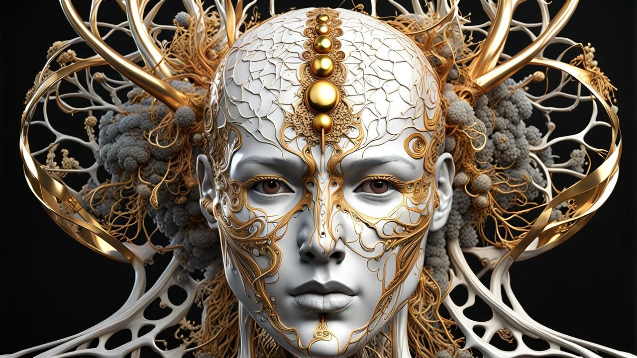 3D rendering of a head of an impressively detailed and complex hyper-realistic "human anatomy": scientific, single object, glossy white, shiny gold, vines, tribalism, black background, shamanism, cosmic fractals, octane rendering, 8k post-processing, detailed metallic bones, dendritic, artstation : Award Winning: Professional Portrait: Atmospheric: Commanding: Fantastic: Clarity: 16k: Ultra Quality: Astounding: Shine: Stunning Colors: Stunning Depth