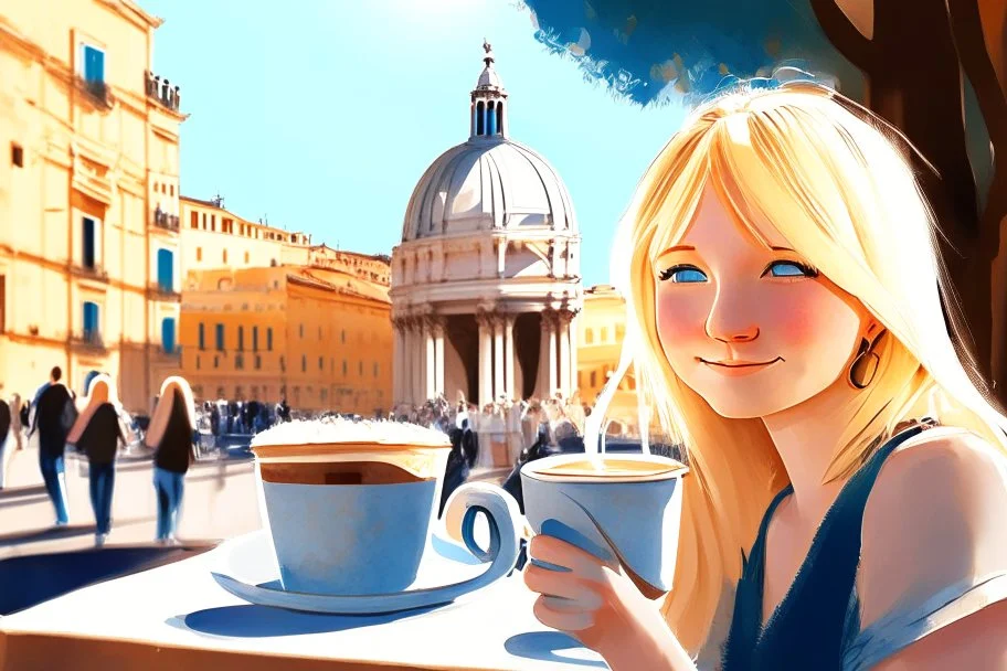 contented cute blonde blue eyed chibi woman drinking coffee in Rome in sunshine