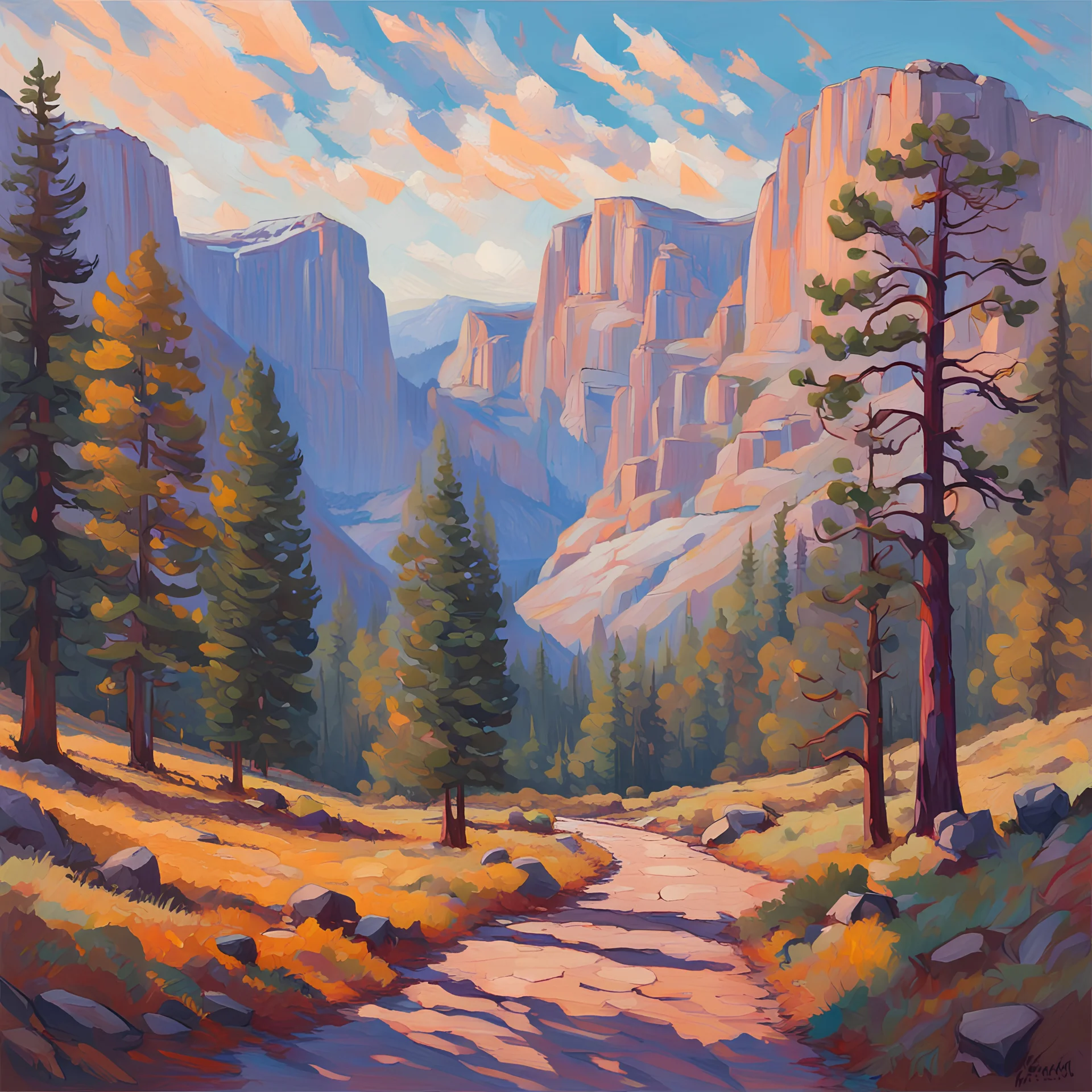 {Yosemite National Park, scenic landscape in the style of Erin Hanson during her Open Impressionism Period} flat, 2D Modifiers: fantastic view Landscape Panoramic View