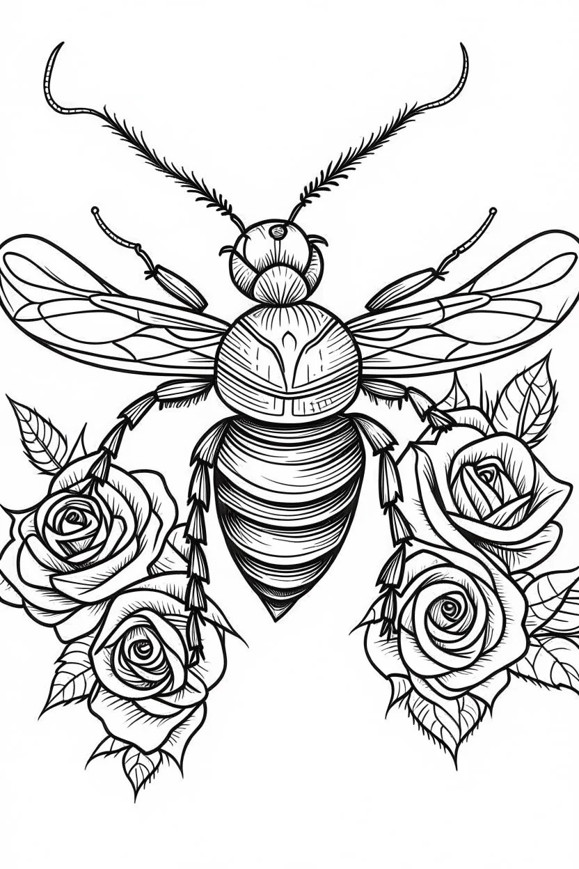 bee with rose idea, line art, background, vector, svg, black outline on white background, leave plenty of white space beetween lines for coloring, tattoo style, tattoo idea,full body, minimalist