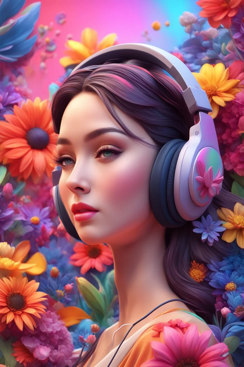 3D illustration of A beautiful woman with headphones on and a deep colorful background with full of colorful flowers, with full music elements, illustration, smooth 3d digital art, exquisite thee-dimensional rendering, 4K, blender, c4d, octane render , disney style 3d light, Zbrush sculpt, concept art, Zbrush high detail, Pinterest Creature Zbrush HD sculpt, neutral lighting, 8k detail