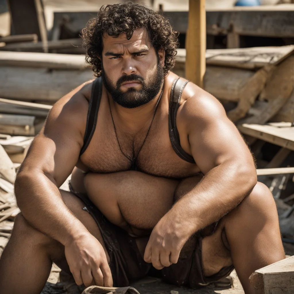 extreme close up photography of a sicilian ugly burly serious wet sweaty, chubby strong fat carpenter, shirtless, boxer, bulge, manly chest, very hairy allover, big goatee 26 years old, curly short hair, sit sleeping with open legs on a little chair , on a construction site in the middle of a road, under the August sun, emotional eyes, , hyper-realistic, photorealistic , frontal view from the ground