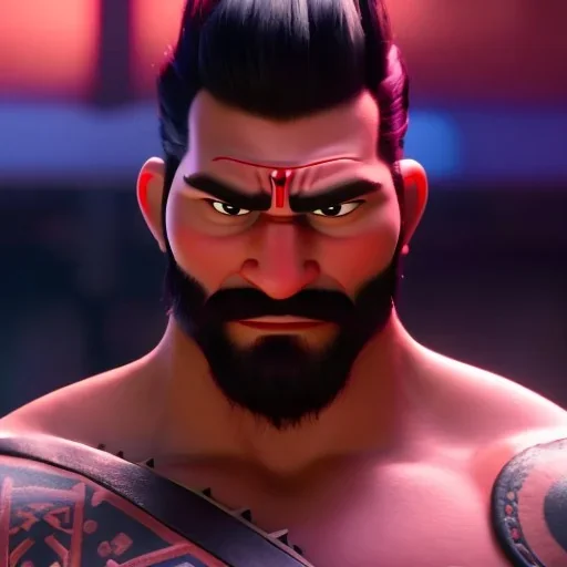 Dark Skin Samurai Ganesha, beard, angry, tattoo, strong man