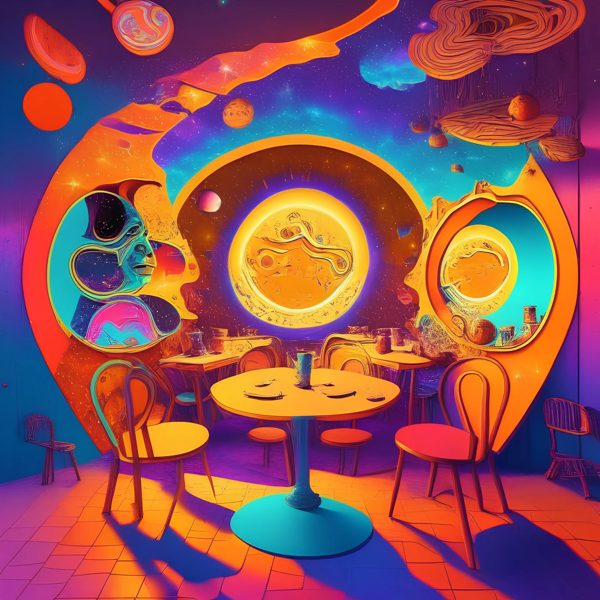 Psychedelic cafe design with hot colors and a mirror space with broken faces and a concept with the sun, moon, stars and galaxy