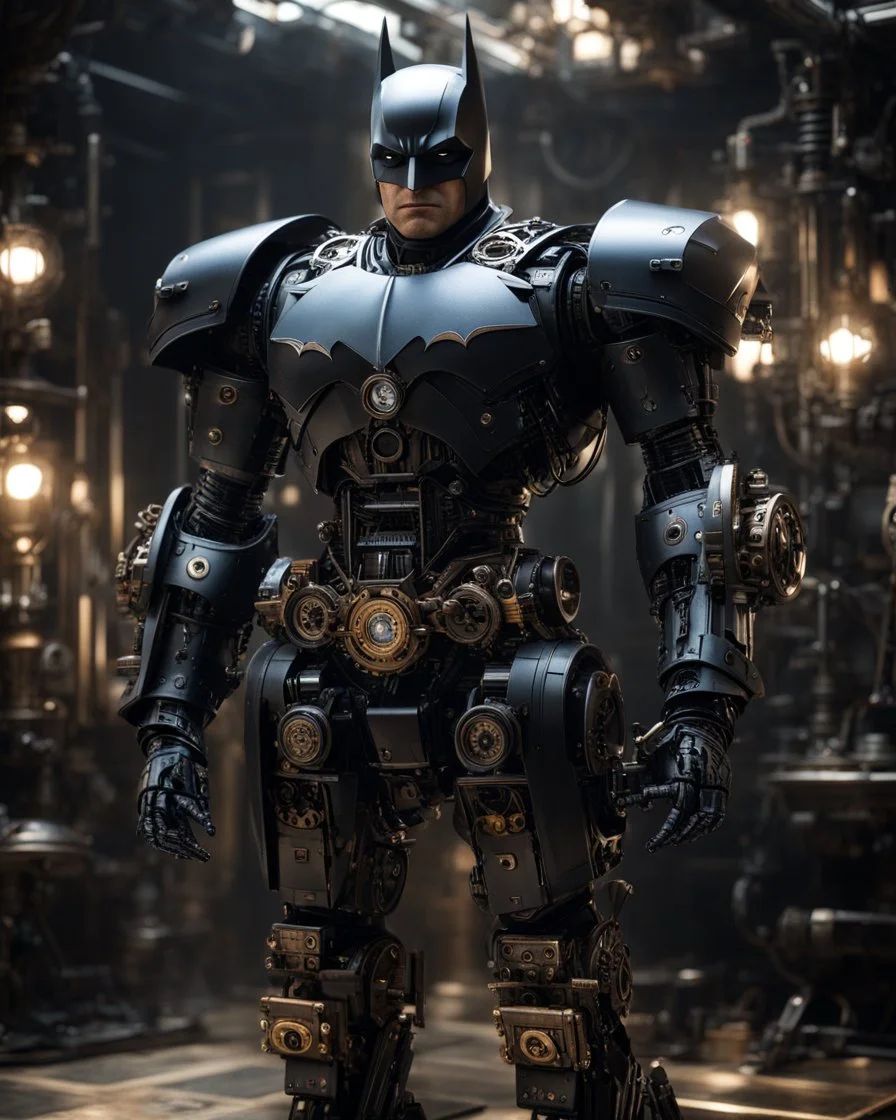 Batman Mechanism classic robot,hyperrealism, masterpiece, expert, 8K, dramatic lighting, sharp focus, dark, black, steampunk