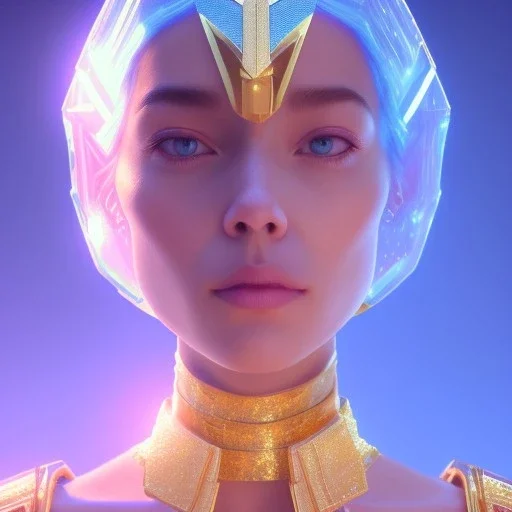 A portrait of a crystalised blue pink extraterrestrial, gold, diamonds, sunny background, atmospheric, realistic, unreal engine, 8k. Cinematic lighting, octane render.