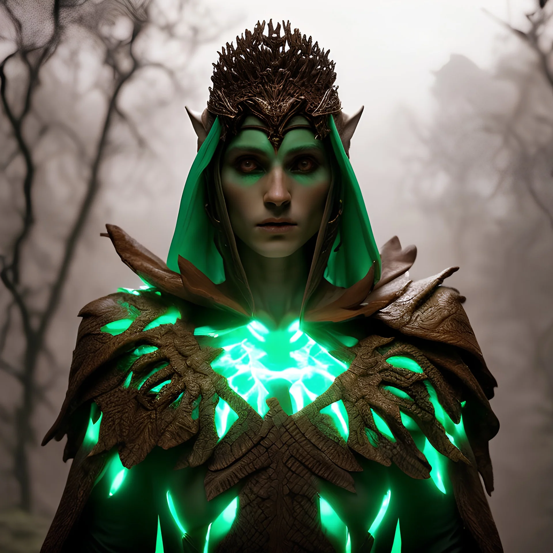 photoreal thirty-year-old Guardian high priest of the Eladrin with leather skin with mystical eyes wearing green and orange garments in a forest at dawn by lee jeffries, octane render, 8k, high detail