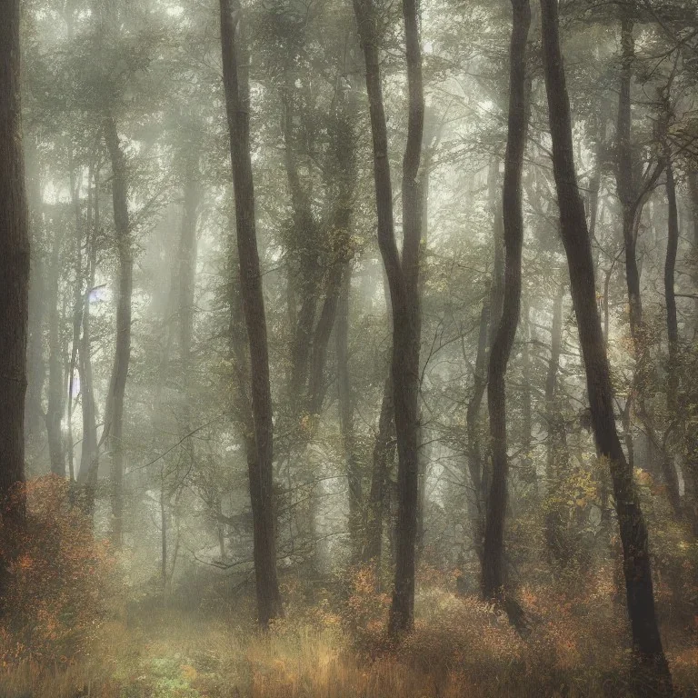 ultra high resolution, misty forest in spring at sunrise, highly detailed, intricate, 8k, unreal engine, hr giger, long shot, cinematic, vibrant, colorful