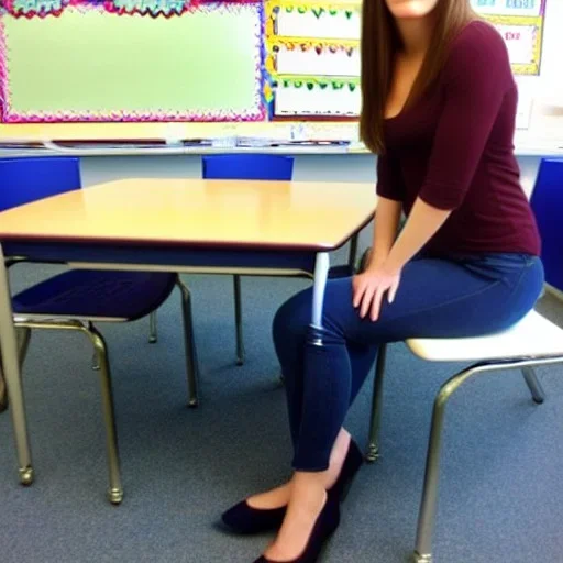 sultry, gorgeous teacher sitting legs crossed on the edge of her school table