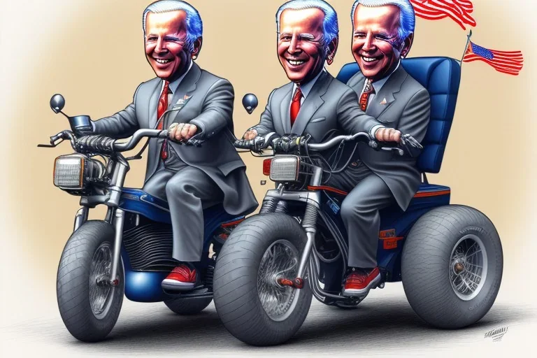 true-to-life pencil and color marker portrait of realistic joe biden riding a tricycle, with an extra set of carrying wheels and rollcage for safety, by kim jung gi