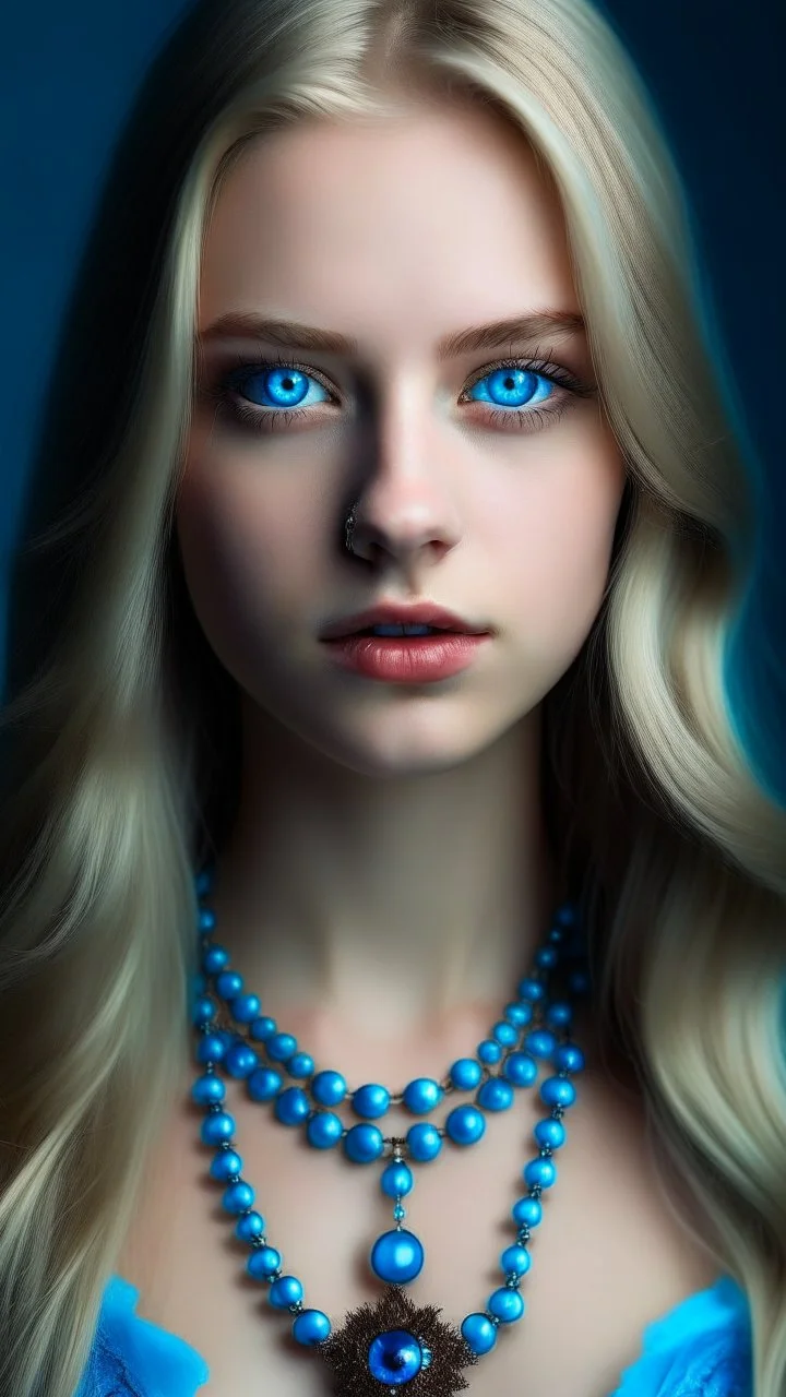 bleu dress with bleu pearls on it, Age 22, girl, white Complexion, light brown eyes, almond eyes shape, long hair, blonde hair, silky hair, square face, button nose,bleu evil eye necklace