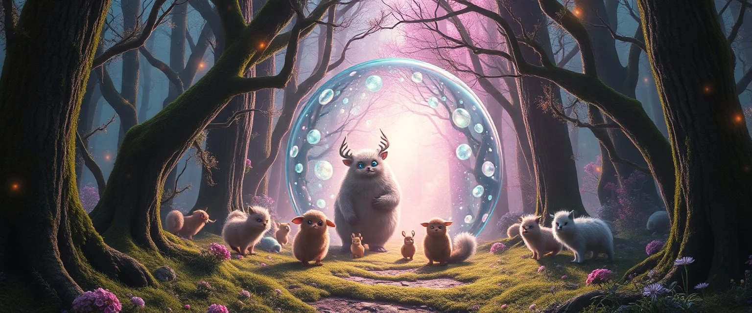 endless awakening in the magical mirror forest you enter the strangest bubble doorway to weird dimension and the aura of its heavenly fluffy elevated messed up woodland creatures flock