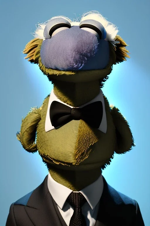 Waist up muppet Portrait, Vladimir Putin as muppet doll, Black suit, photo studio, blue background, unreal engine 5, concept art, art station, god lights, ray tracing, RTX, lumen lighting, ultra detail, volumetric lighting, 3d.