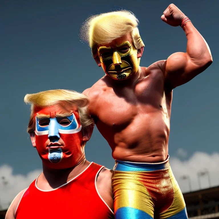 Realistic image of Donald trump wrestler, Mexican wrestling style, Mexican wrestling mask for eyes, red and blue breeches, glow us flag dress, suspenders, retro style, 80s, vibrant color, highly detailed, sky background, concept art, unreal engine 5, god rays, ray tracing, RTX, lumen lighting, ultra detail, volumetric lighting, 3d, finely drawn, high definition, high resolution.